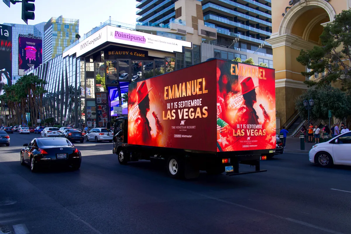 LED mobile billboard truck with vivid digital advertising display on city streets